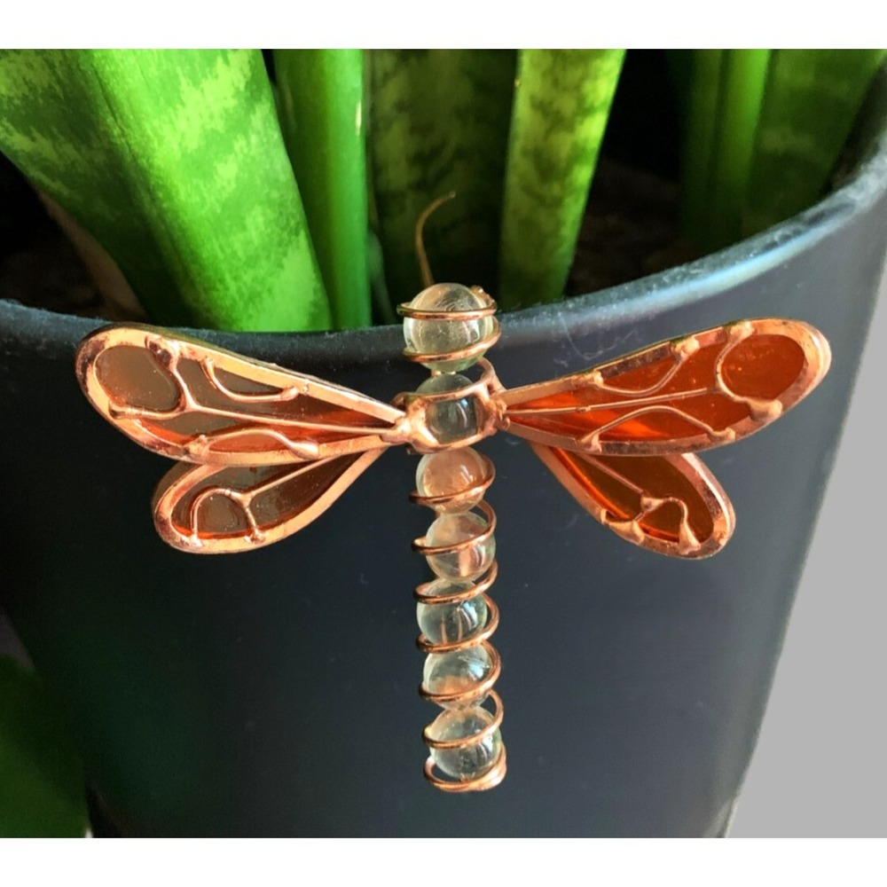 3.5" Stained Glass Copper Leaded DRAGONFLY Insect Suncatcher Planter Ornament